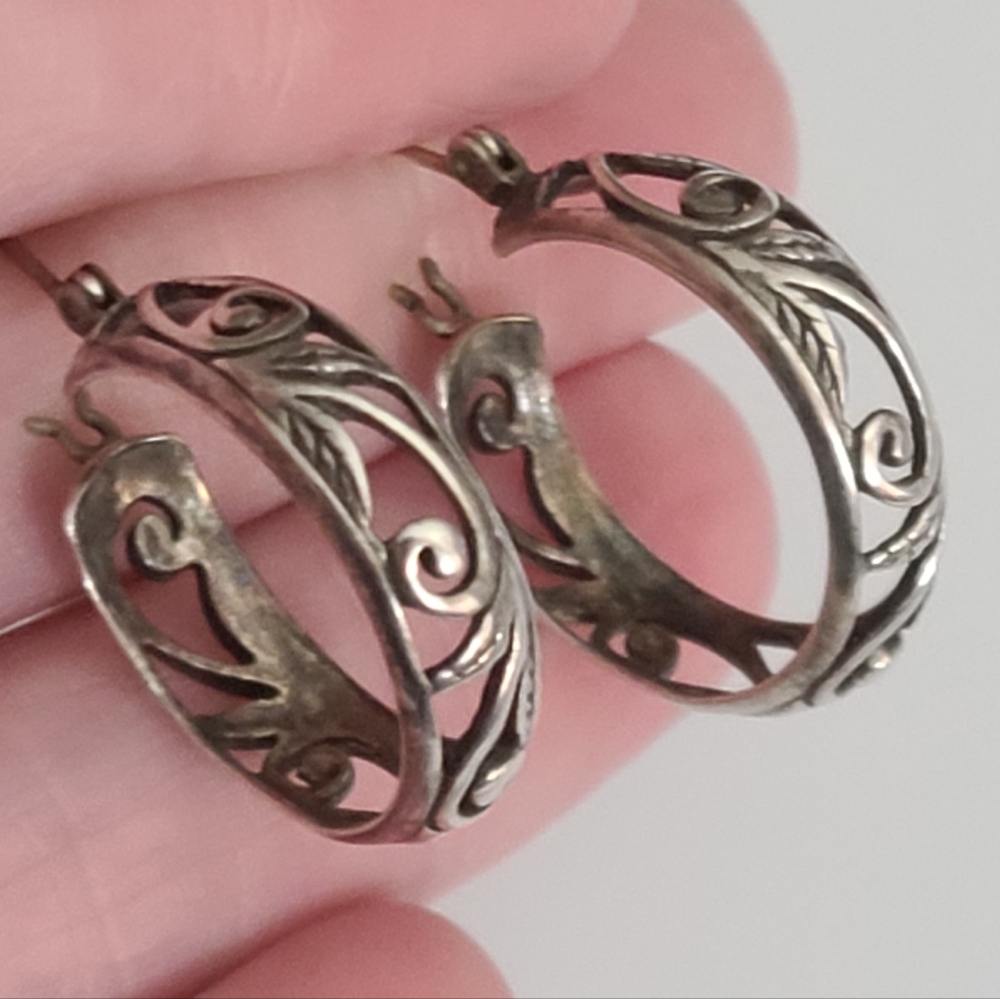 Vintage 60's 925 Filigree Hoop Earrings Sterling Silver Designer Estate Pierced